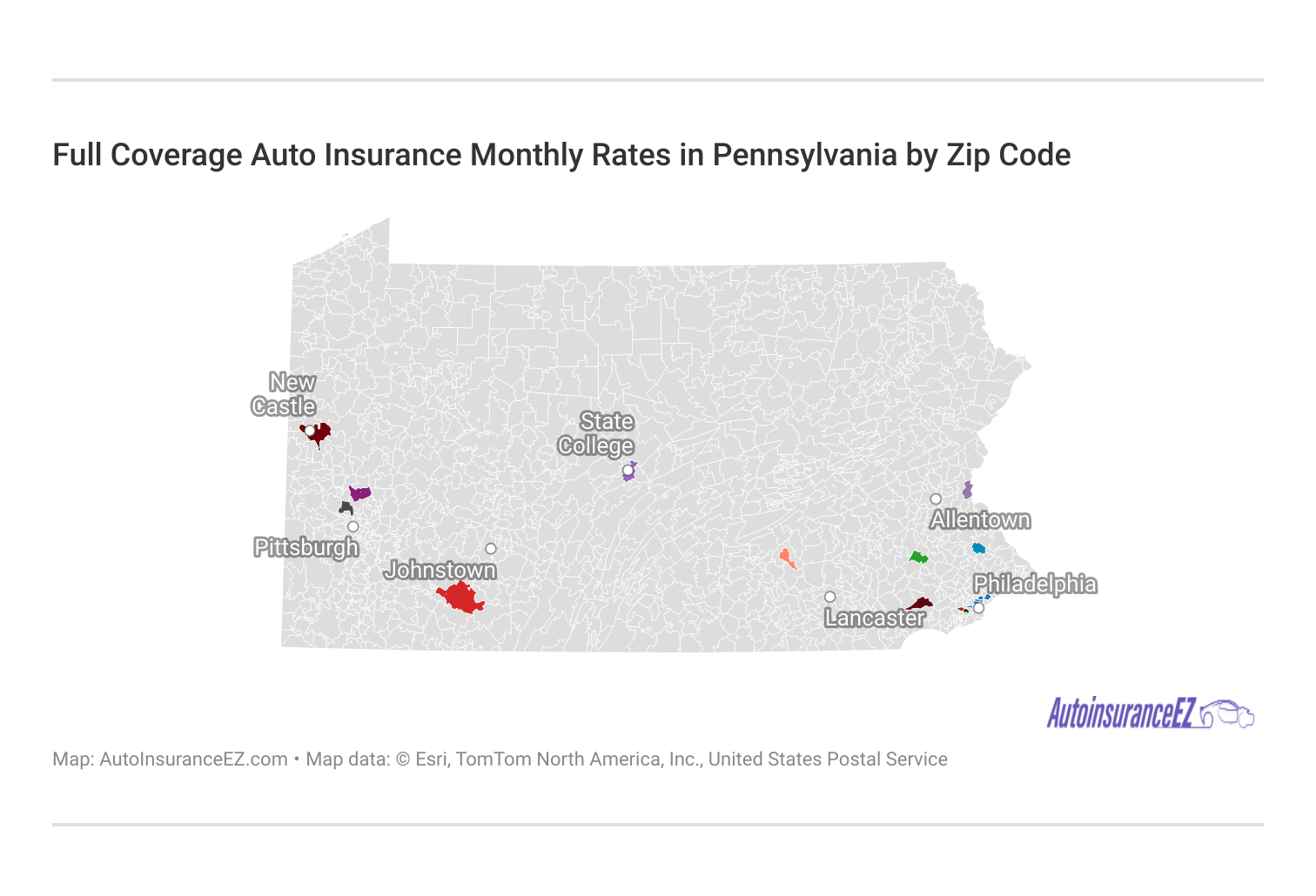 <h3>Full Coverage Auto Insurance Monthly Rates in Pennsylvania by Zip Code</h3>